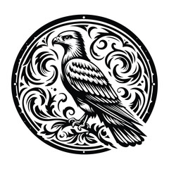 Obraz premium Hawk bird with victorian flourish decoration, stencil logo, black and white animal illustration