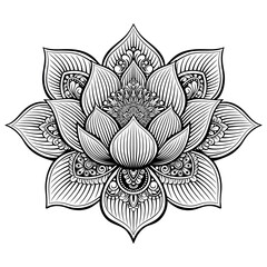 A detailed black and white mandala in the shape of a lotus flower, featuring intricate patterns and symmetrical design. Ideal for coloring pages, tattoo designs, yoga art, or decorative and spiritual 