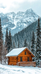 A rustic log cabin surrounded by snow-capped mountains, a perfect winter retreat.