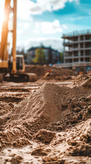 A pile of sand on a construction site, with a large excavator in the background. The sun is shining brightly, casting a warm glow on the scene.