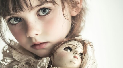 Obraz premium A young girl with expressive blue eyes holds an antique doll, capturing a moment of innocence and nostalgia.