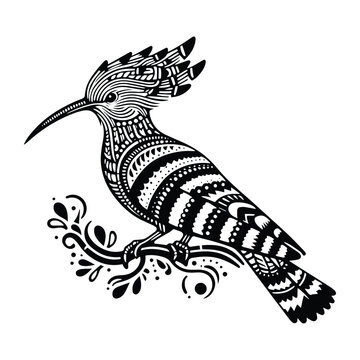 recommend clip art: Hoopoe bird in zentangle art, stencil logo, black and white animal illustration