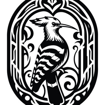 recommend clip art: Hoopoe bird with art nouveau decoration, stencil logo, black and white animal illustration