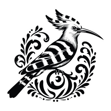 recommend clip art: Hoopoe bird with victorian flourish decoration, stencil logo, black and white animal illustration