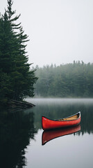 A serene red canoe rests on a still lake, shrouded in morning mist, creating a sense of peace and tranquility. The reflection of the canoe adds to the picturesque scene, highlighting the beauty of nat