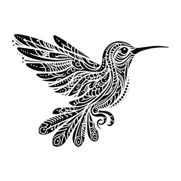 Hummingbird bird in zentangle art, stencil logo, black and white animal illustration
