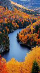 Vibrant fall foliage reflected in a calm lake, creating a serene and picturesque scene.