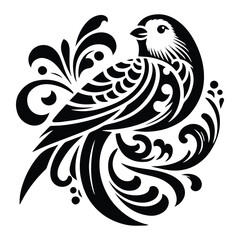 Lovebird with victorian flourish decoration, stencil logo, black and white animal illustration