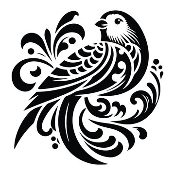 recommend clip art: Lovebird with victorian flourish decoration, stencil logo, black and white animal illustration