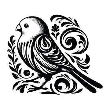 recommend clip art: Lovebird with victorian flourish decoration, stencil logo, black and white animal illustration