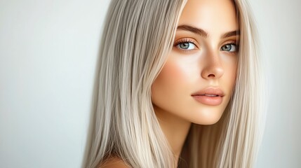 Fototapeta premium Photography of a beautiful young woman with long blonde hair, portrait style, perfect for backgrounds, wallpapers, fashion editorials, or beauty campaigns.