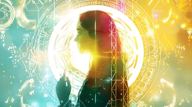 A tarot card featuring an empath, glowing geometric runes, art deco background, white and celestial, vivid colors