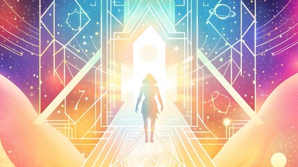 A tarot card with a dreamwalker, glowing geometric runes, art deco background, white and celestial, vivid colors