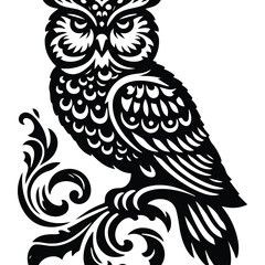 Owl bird with victorian flourish decoration, stencil logo, black and white animal illustration