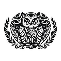 Owl bird with art nouveau decoration, stencil logo, black and white animal illustration