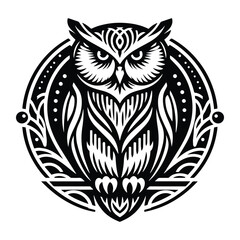 Fototapeta premium Owl bird with art nouveau decoration, stencil logo, black and white animal illustration