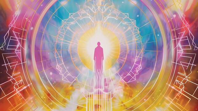 A tarot card depicting a telepath, glowing geometric runes, art deco background, white and celestial, vivid colors