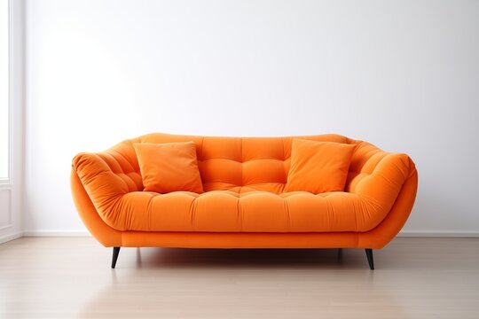 Modern orange textile sofa on isolated white background. Furniture for modern interior, minimalist design. 