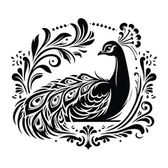 Obraz premium Peacock bird with victorian flourish decoration, stencil logo, black and white animal illustration