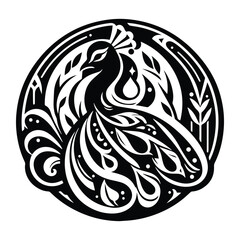 Peacock bird with art nouveau decoration, stencil logo, black and white animal illustration