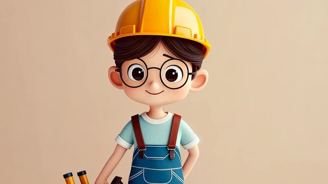 cartoon character workman with yellow hardhat, overalls and a toolbag