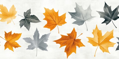 Fototapeta premium A high-resolution watercolor autumn background featuring beautifully blended leaves in shades of orange, yellow, and gray, capturing the essence of serene fall landscapes
