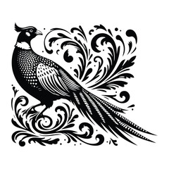 Fototapeta premium Pheasant bird with victorian flourish decoration, stencil logo, black and white animal illustration