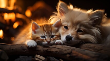 Adorable puppy and kitten lying together in a loving embrace