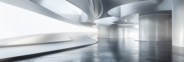 sharp photo of an empty white 3D room featuring abstract light space technology elements.