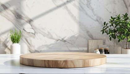 sharp photo an empty wooden platform in a kitchen setting, perfect for product display