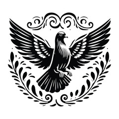 Fototapeta premium Pigeon bird with victorian flourish decoration, stencil logo, black and white animal illustration
