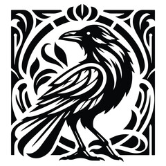 Obraz premium raven bird with art nouveau decoration, stencil logo, black and white animal illustration