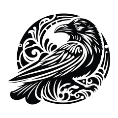 raven bird with art nouveau decoration, stencil logo, black and white animal illustration