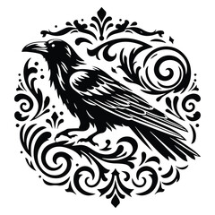 raven bird with victorian flourish decoration, stencil logo, black and white animal illustration
