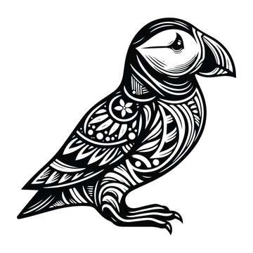 recommend clip art: Puffin zentangle art, bird in stencil logo, black and white animal illustration