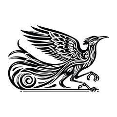 Obraz premium Roadrunner bird with art nouveau decoration, stencil logo, black and white animal illustration