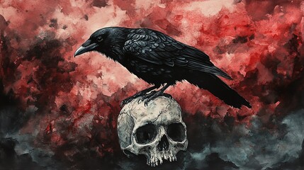 Black raven, perched on a skull, ominous clouds, Watercolor style
