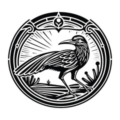 Roadrunner bird with art nouveau decoration, stencil logo, black and white animal illustration