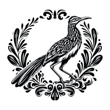 recommend clip art: Roadrunner bird with victorian flourish decoration, stencil logo, black and white animal illustration