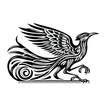 recommend clip art: Roadrunner bird with art nouveau decoration, stencil logo, black and white animal illustration