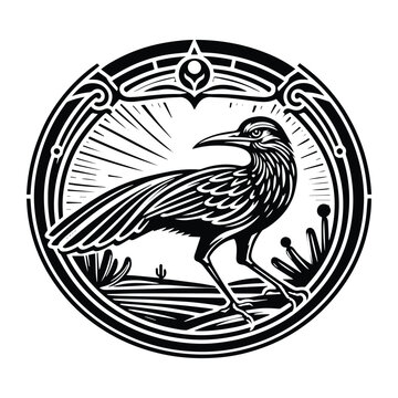 recommend clip art: Roadrunner bird with art nouveau decoration, stencil logo, black and white animal illustration