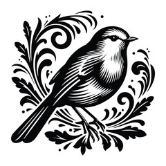 Naklejka premium Robin bird with victorian flourish decoration, stencil logo, black and white animal illustration
