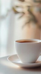 White ceramic cup with tea on saucer