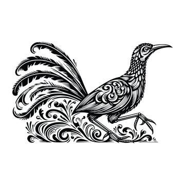 recommend clip art: Roadrunner bird with victorian flourish decoration, stencil logo, black and white animal illustration
