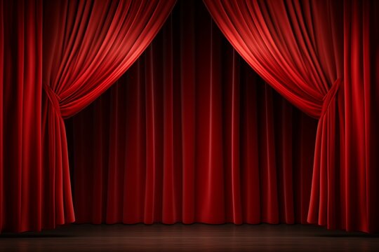 Red curtain on theater or cinema stage open with copy space. AI generated 