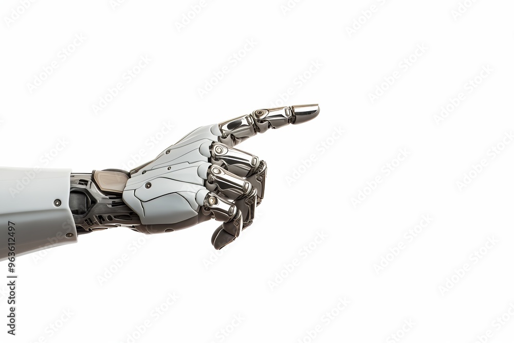 Poster robot hand pointing index finger, showing isolated on white background