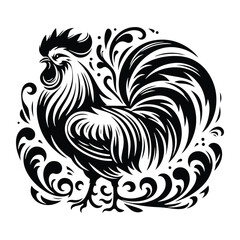 Rooster bird with victorian flourish decoration, stencil logo, black and white animal illustration