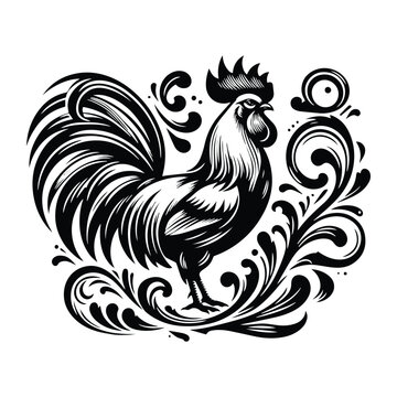 recommend clip art: Rooster bird with victorian flourish decoration, stencil logo, black and white animal illustration