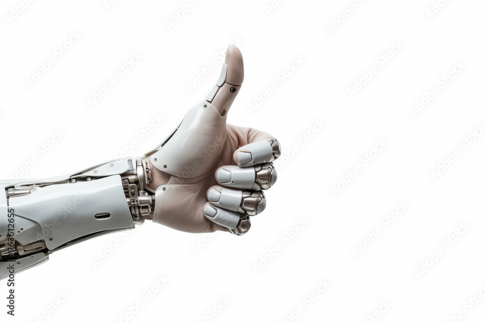 Poster robot hand pointing index finger, showing isolated on white background