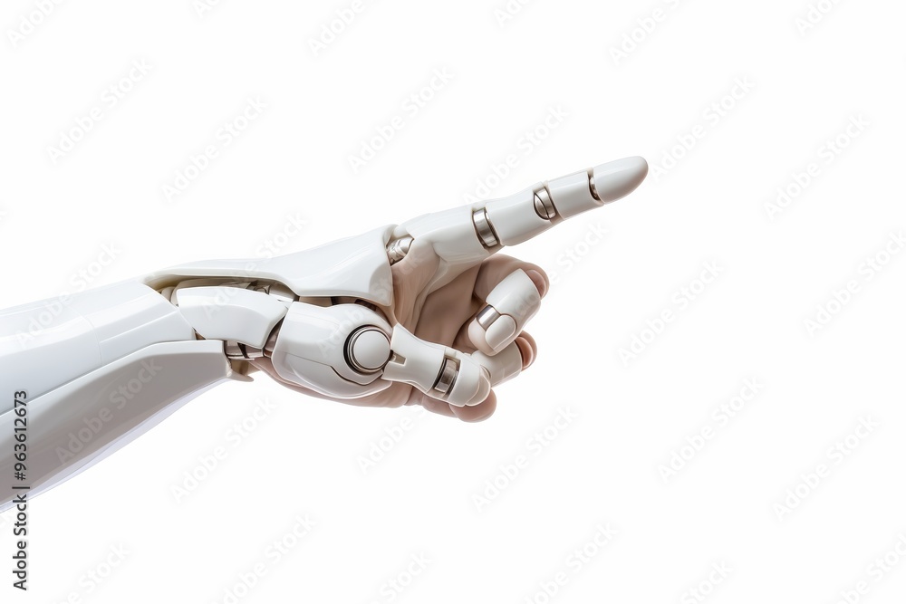 Poster robot hand pointing index finger, showing isolated on white background